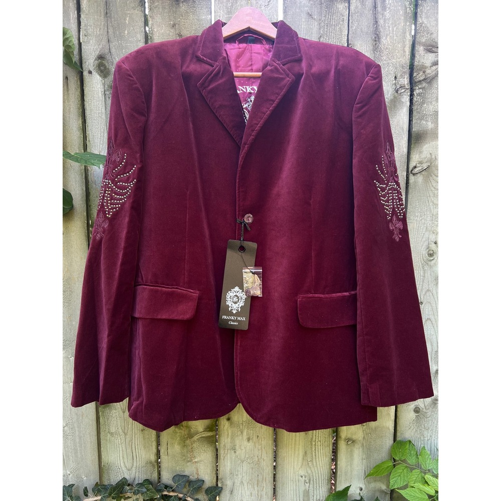 Franky Max Y2K VTG Burgundy Velvet Embellished Rhinestone Blazer Jacket L NWT